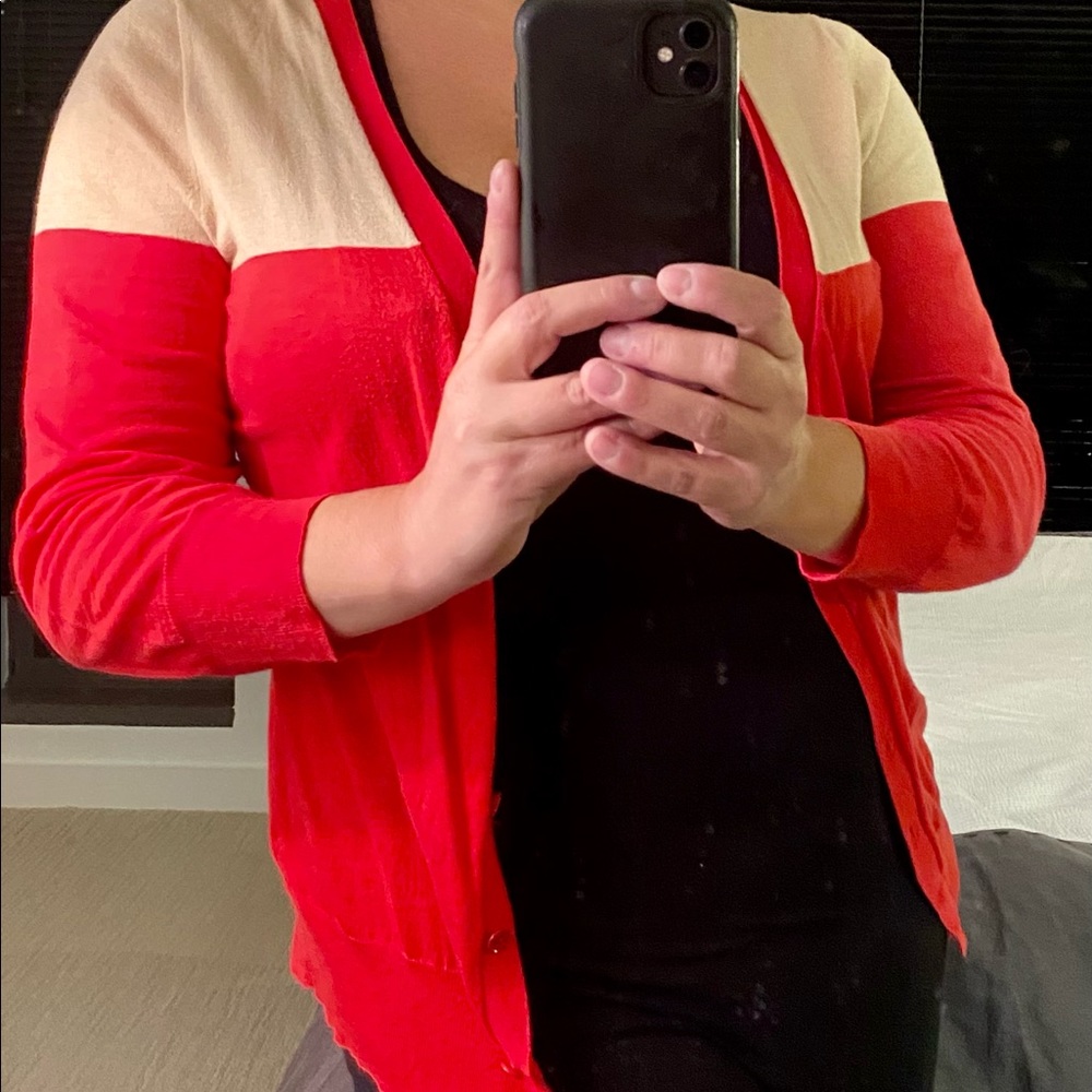 J Crew Merino wool lightweight cardigan in orange and cream size M